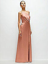 Side View Thumbnail - Copper Penny Pleated One-Shoulder Satin Maxi Dress with A-Line Skirt