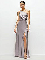 Front View Thumbnail - Cashmere Gray Pleated One-Shoulder Satin Maxi Dress with A-Line Skirt