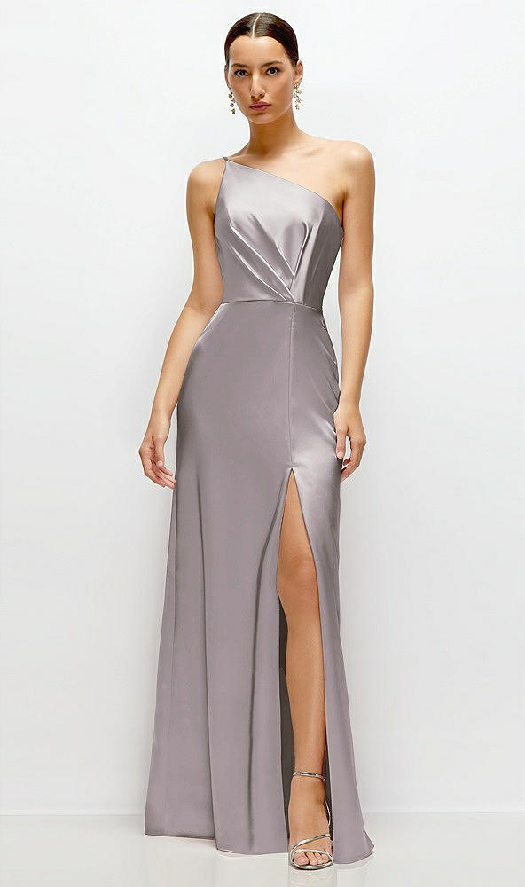 Front View - Cashmere Gray Pleated One-Shoulder Satin Maxi Dress with A-Line Skirt