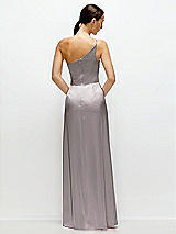 Rear View Thumbnail - Cashmere Gray Pleated One-Shoulder Satin Maxi Dress with A-Line Skirt