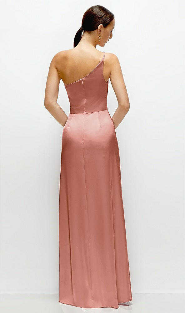 Back View - Desert Rose Pleated One-Shoulder Satin Maxi Dress with A-Line Skirt