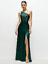 Front View Thumbnail - Evergreen Pleated One-Shoulder Satin Maxi Dress with A-Line Skirt