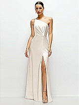 Front View Thumbnail - Oat Pleated One-Shoulder Satin Maxi Dress with A-Line Skirt