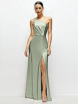 Front View Thumbnail - Sage Pleated One-Shoulder Satin Maxi Dress with A-Line Skirt