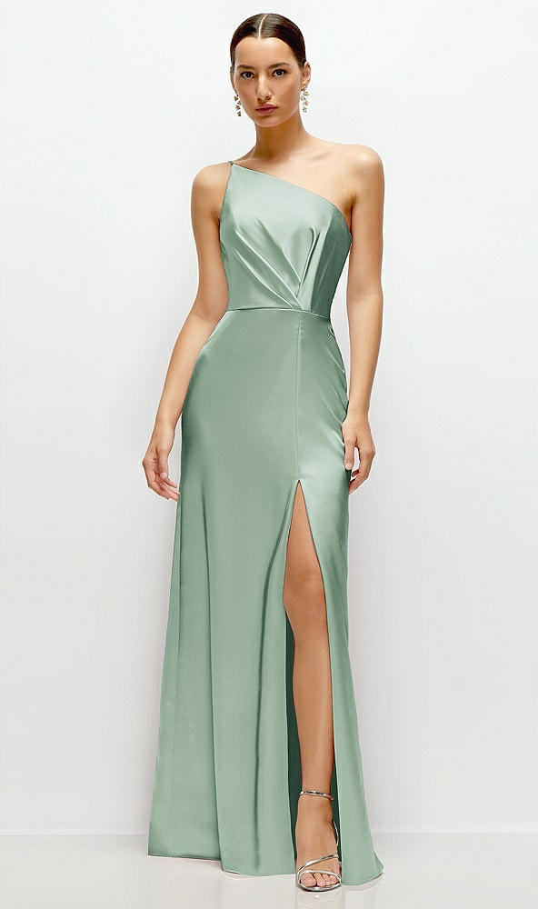 Front View - Seagrass Pleated One-Shoulder Satin Maxi Dress with A-Line Skirt