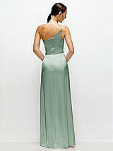 Rear View Thumbnail - Seagrass Pleated One-Shoulder Satin Maxi Dress with A-Line Skirt