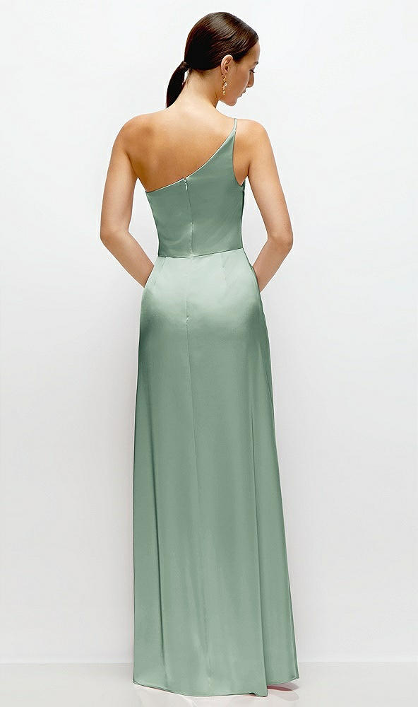 Back View - Seagrass Pleated One-Shoulder Satin Maxi Dress with A-Line Skirt