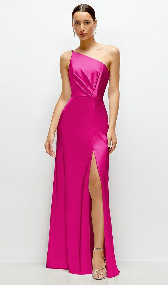 Front View - Think Pink Pleated One-Shoulder Satin Maxi Dress with A-Line Skirt