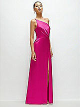 Side View Thumbnail - Think Pink Pleated One-Shoulder Satin Maxi Dress with A-Line Skirt