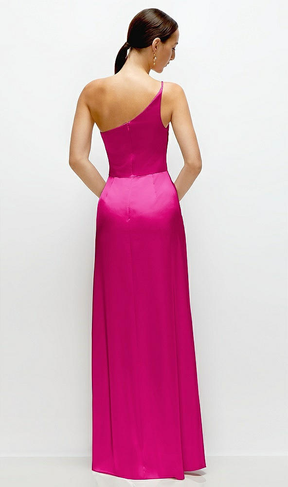 Back View - Think Pink Pleated One-Shoulder Satin Maxi Dress with A-Line Skirt