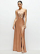 Front View Thumbnail - Toffee Pleated One-Shoulder Satin Maxi Dress with A-Line Skirt