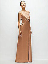 Side View Thumbnail - Toffee Pleated One-Shoulder Satin Maxi Dress with A-Line Skirt