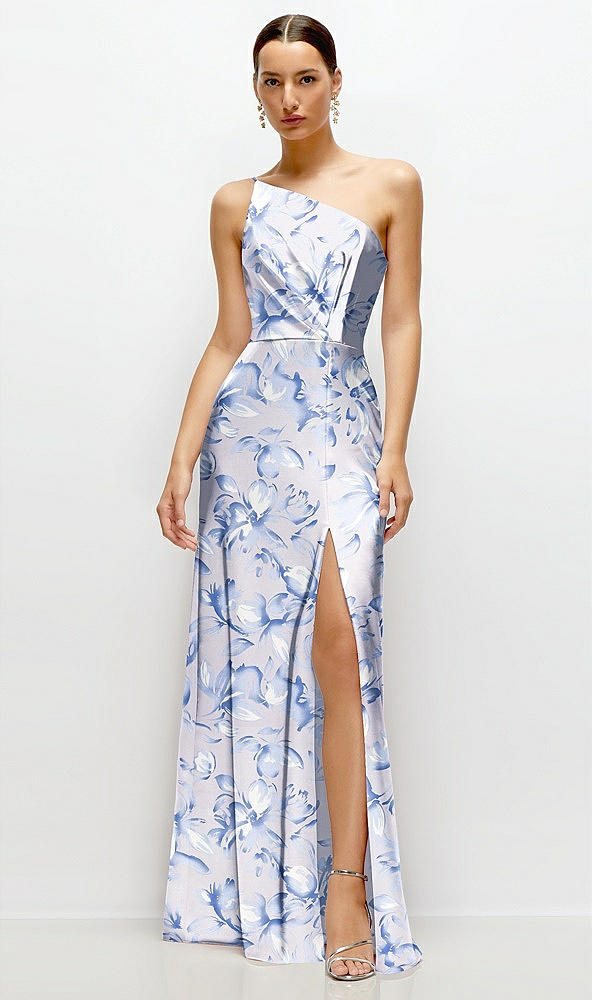 Front View - Magnolia Sky Floral Pleated One-Shoulder Satin Maxi Dress with A-Line Skirt