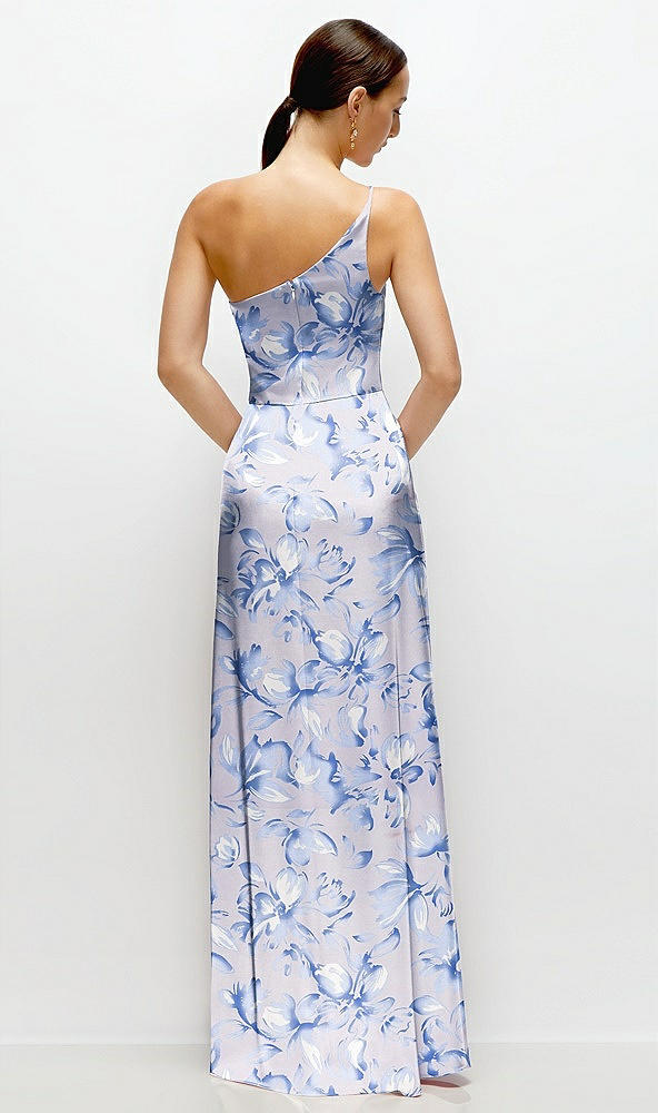 Back View - Magnolia Sky Floral Pleated One-Shoulder Satin Maxi Dress with A-Line Skirt