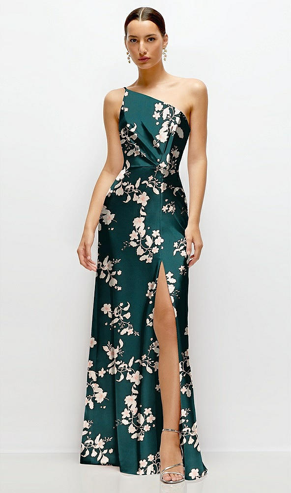 Front View - Vintage Primrose Evergreen Floral Pleated One-Shoulder Satin Maxi Dress with A-Line Skirt