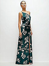 Side View Thumbnail - Vintage Primrose Evergreen Floral Pleated One-Shoulder Satin Maxi Dress with A-Line Skirt