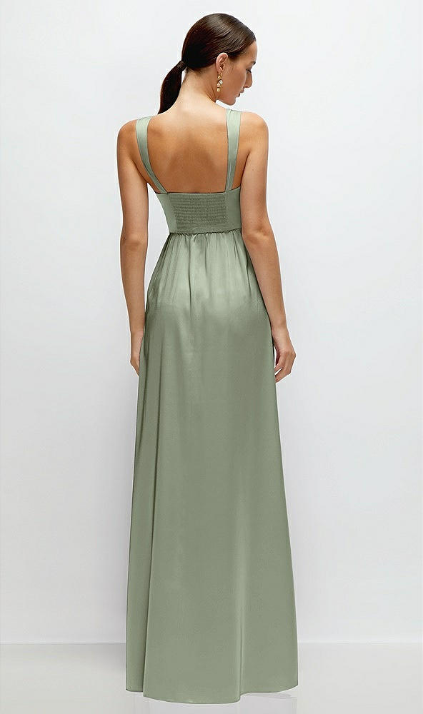 Back View - Sage Shaped Strap Portrait Neckline Fluid Satin Maxi Dress with Full Skirt