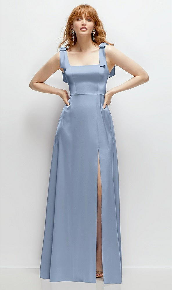 Front View - Cloudy Square Neck Fluid Satin Maxi Dress with Bow Straps 