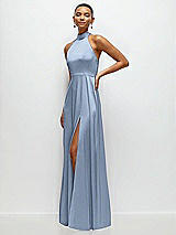 Side View Thumbnail - Cloudy Band Collar Halter Open Back Fluid Satin Maxi Dress with Self-Tie Bow