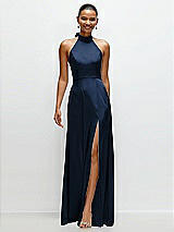 Front View Thumbnail - Midnight Navy Band Collar Halter Open Back Fluid Satin Maxi Dress with Self-Tie Bow