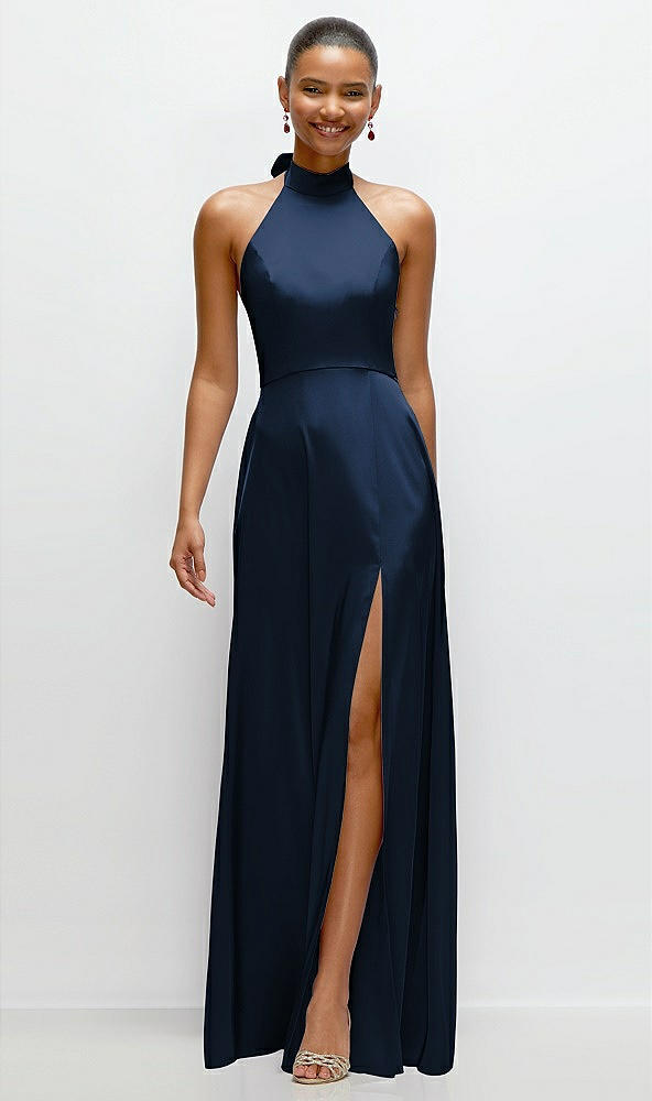 Front View - Midnight Navy Band Collar Halter Open Back Fluid Satin Maxi Dress with Self-Tie Bow