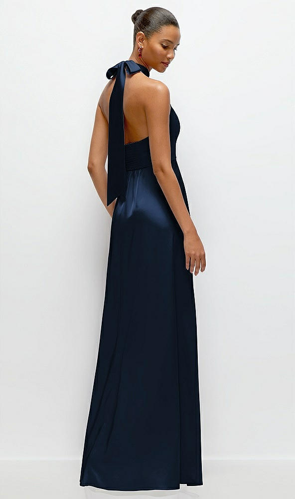 Back View - Midnight Navy Band Collar Halter Open Back Fluid Satin Maxi Dress with Self-Tie Bow