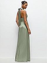 Rear View Thumbnail - Sage Band Collar Halter Open Back Fluid Satin Maxi Dress with Self-Tie Bow