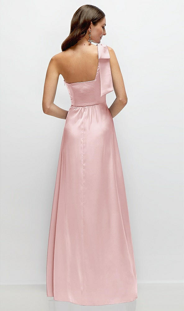 Back View - Ballet Pink Bow One-Shoulder Fluid Satin Maxi Dress with Full Skirt