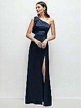 Front View Thumbnail - Midnight Navy Bow One-Shoulder Fluid Satin Maxi Dress with Full Skirt