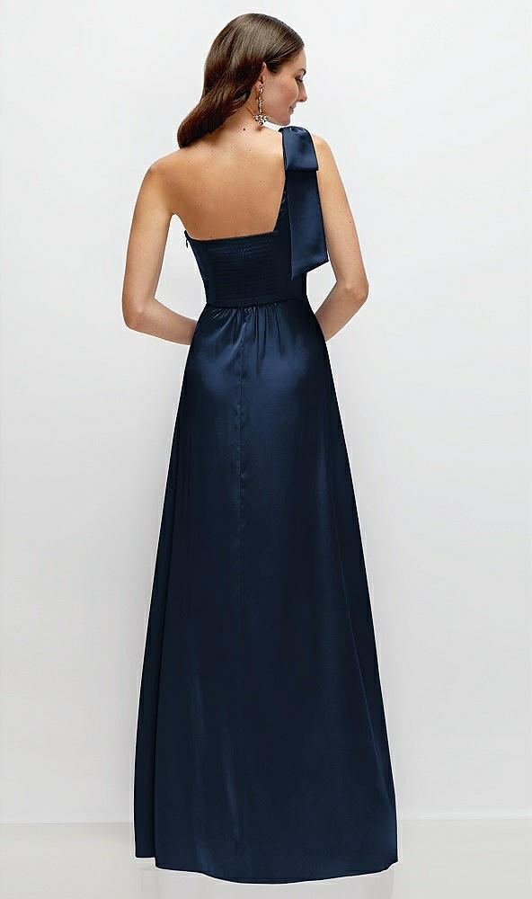 Back View - Midnight Navy Bow One-Shoulder Fluid Satin Maxi Dress with Full Skirt