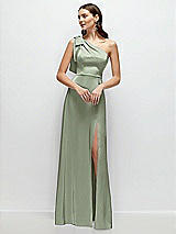 Front View Thumbnail - Sage Bow One-Shoulder Fluid Satin Maxi Dress with Full Skirt