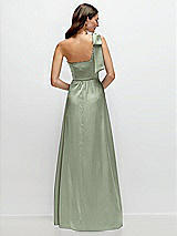 Rear View Thumbnail - Sage Bow One-Shoulder Fluid Satin Maxi Dress with Full Skirt