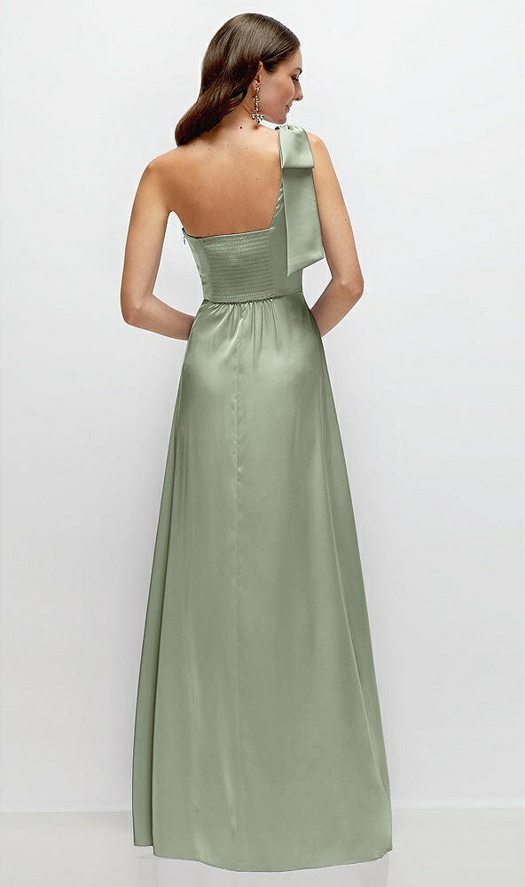 Back View - Sage Bow One-Shoulder Fluid Satin Maxi Dress with Full Skirt