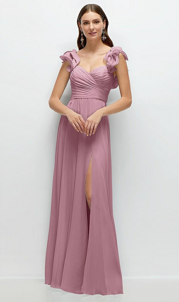 Front View - Dusty Pink Dramatic Ruffle Edge Strap Chiffon Maxi Dress