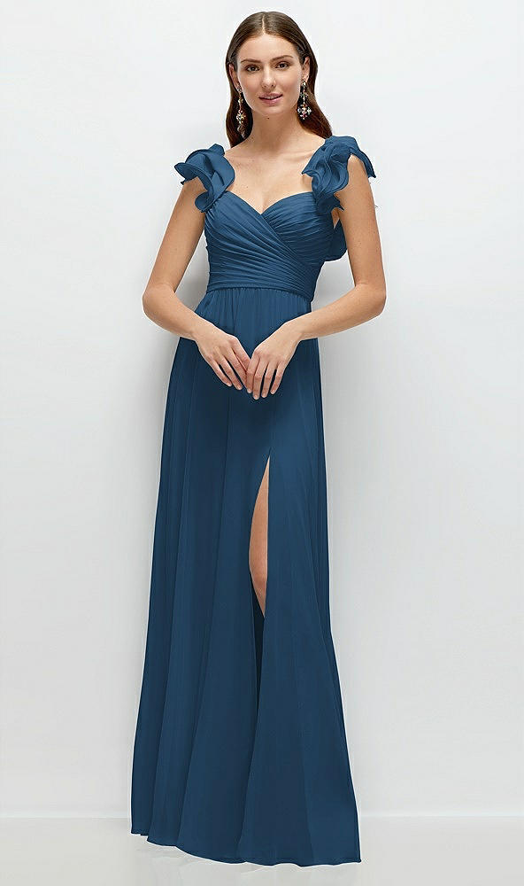 Front View - Dusk Blue Dramatic Ruffle Edge Strap Chiffon Maxi Dress