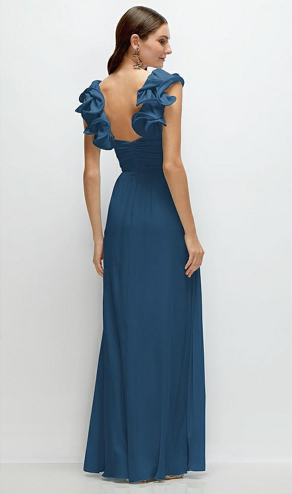 Back View - Dusk Blue Dramatic Ruffle Edge Strap Chiffon Maxi Dress