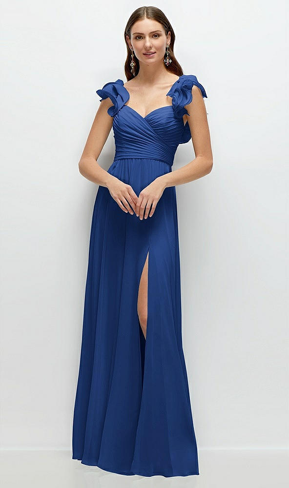 Front View - Classic Blue Dramatic Ruffle Edge Strap Chiffon Maxi Dress