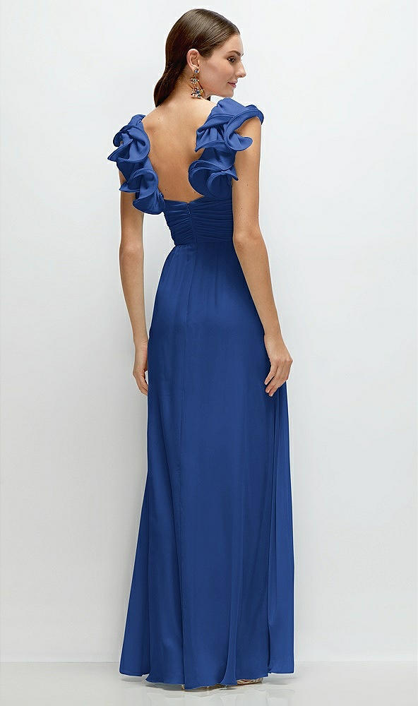 Back View - Classic Blue Dramatic Ruffle Edge Strap Chiffon Maxi Dress