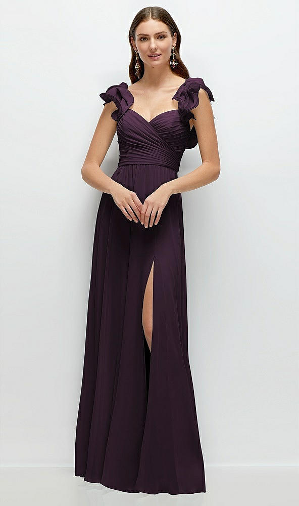 Front View - Aubergine Dramatic Ruffle Edge Strap Chiffon Maxi Dress