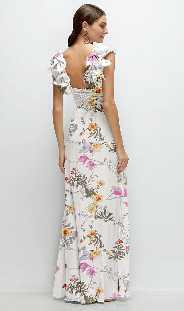 Back View - Butterfly Botanica Ivory Dramatic Ruffle Edge Strap Chiffon Maxi Dress