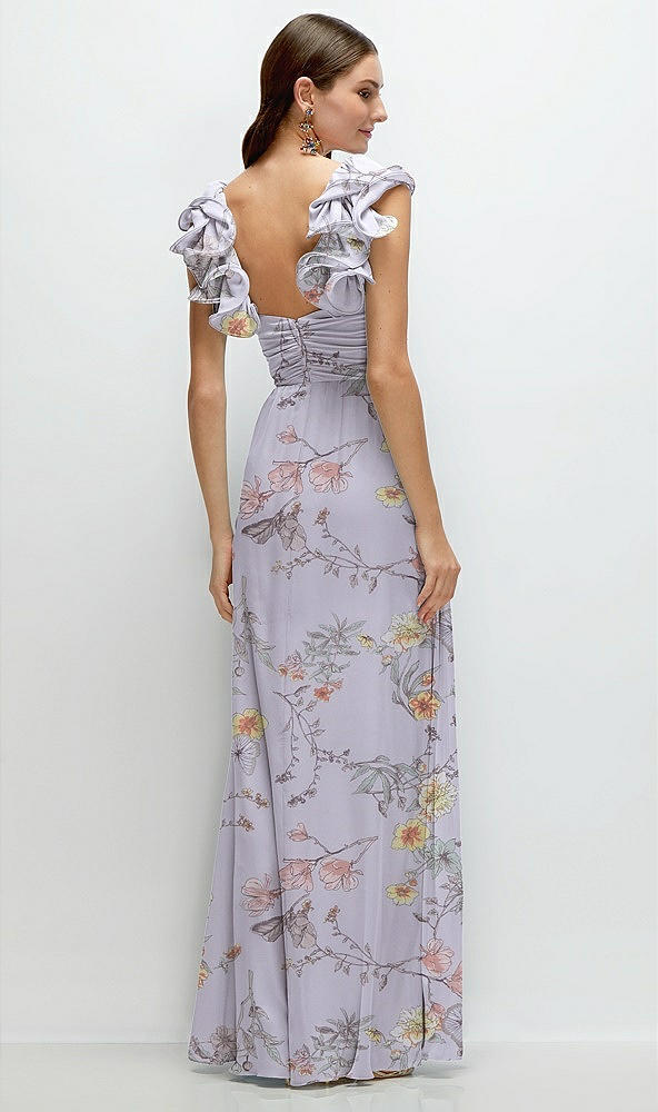 Back View - Butterfly Botanica Silver Dove Dramatic Ruffle Edge Strap Chiffon Maxi Dress