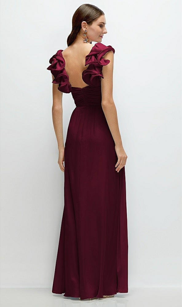 Back View - Cabernet Dramatic Ruffle Edge Strap Chiffon Maxi Dress