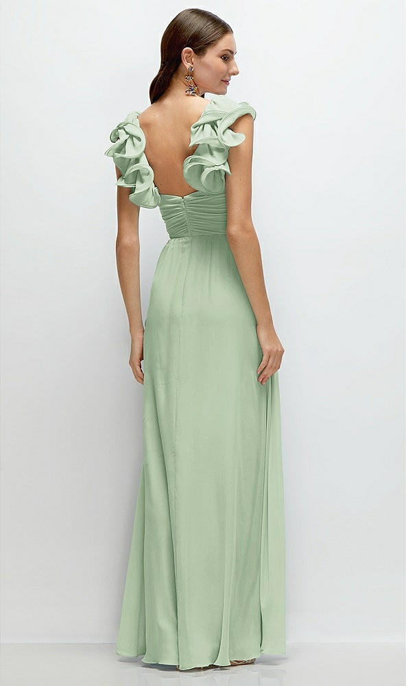 Back View - Celadon Dramatic Ruffle Edge Strap Chiffon Maxi Dress