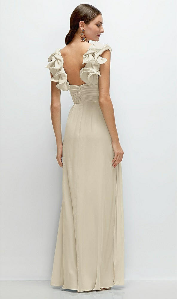 Back View - Champagne Dramatic Ruffle Edge Strap Chiffon Maxi Dress