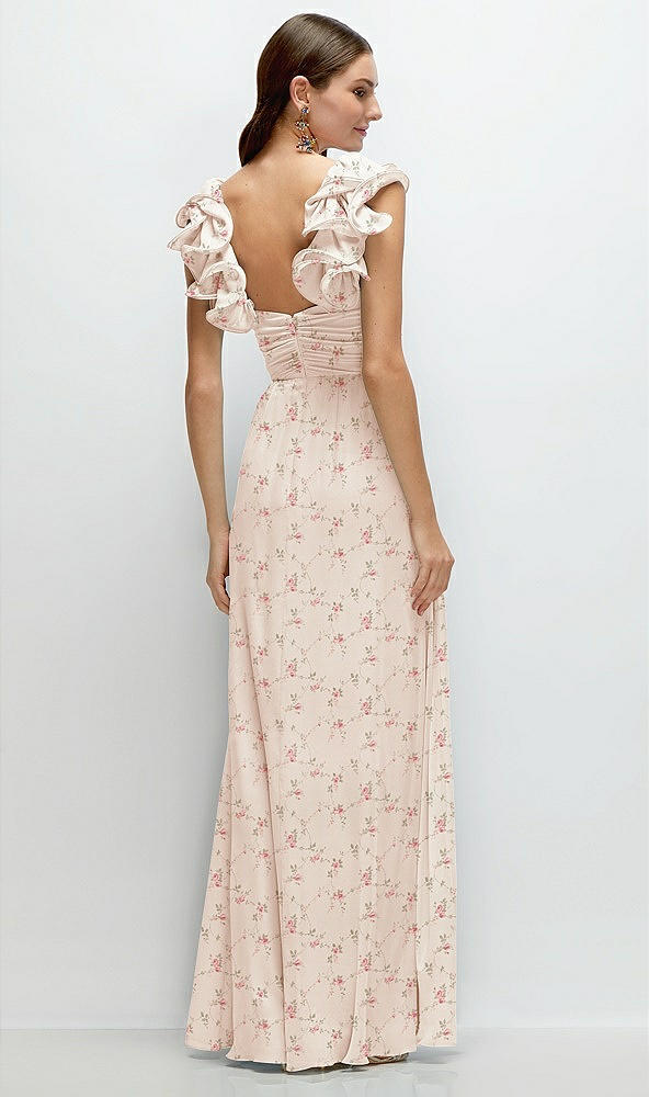 Back View - Coquette Floral Print Dramatic Ruffle Edge Strap Chiffon Maxi Dress