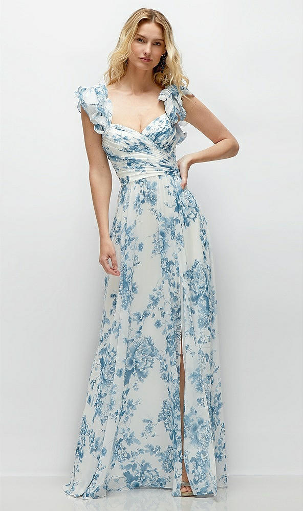 Front View - Cottage Rose Dusk Blue Dramatic Ruffle Edge Strap Chiffon Maxi Dress