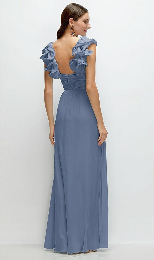 Back View - Larkspur Blue Dramatic Ruffle Edge Strap Chiffon Maxi Dress