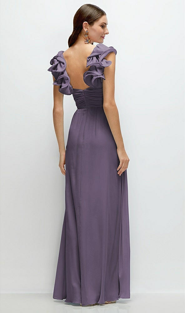 Back View - Lavender Dramatic Ruffle Edge Strap Chiffon Maxi Dress