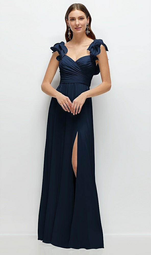 Front View - Midnight Navy Dramatic Ruffle Edge Strap Chiffon Maxi Dress