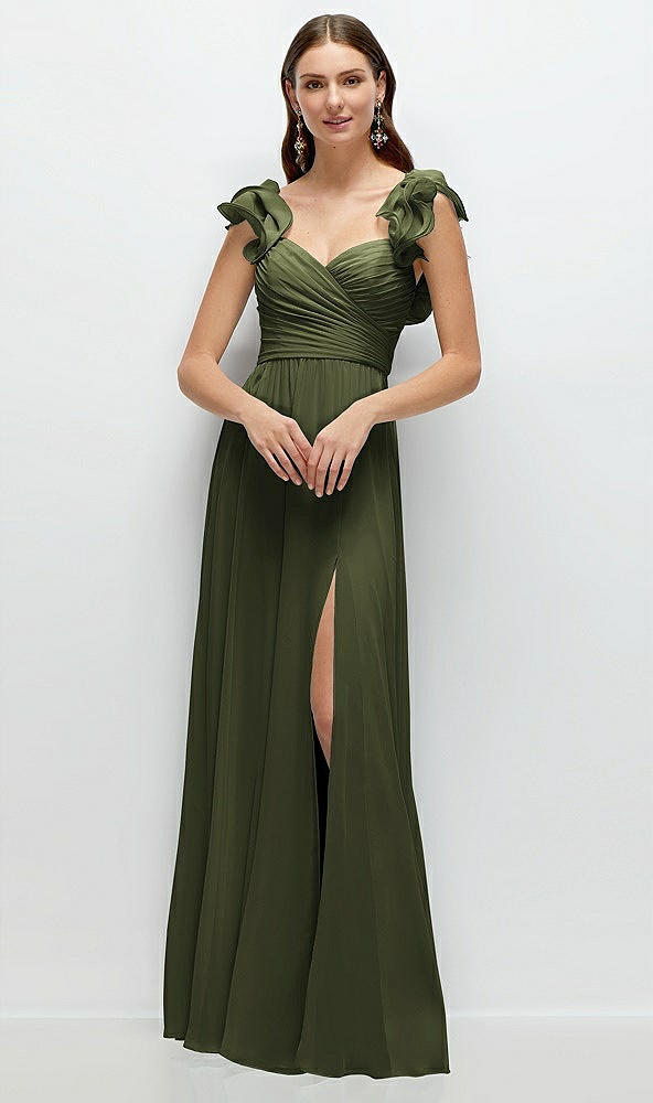 Front View - Olive Green Dramatic Ruffle Edge Strap Chiffon Maxi Dress